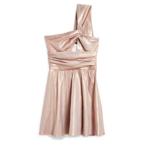 Topshop Foil Twist One Shoulder Champagne Rose Gold Metallic Mini Dress Sz 0 - Picture 2 of 12